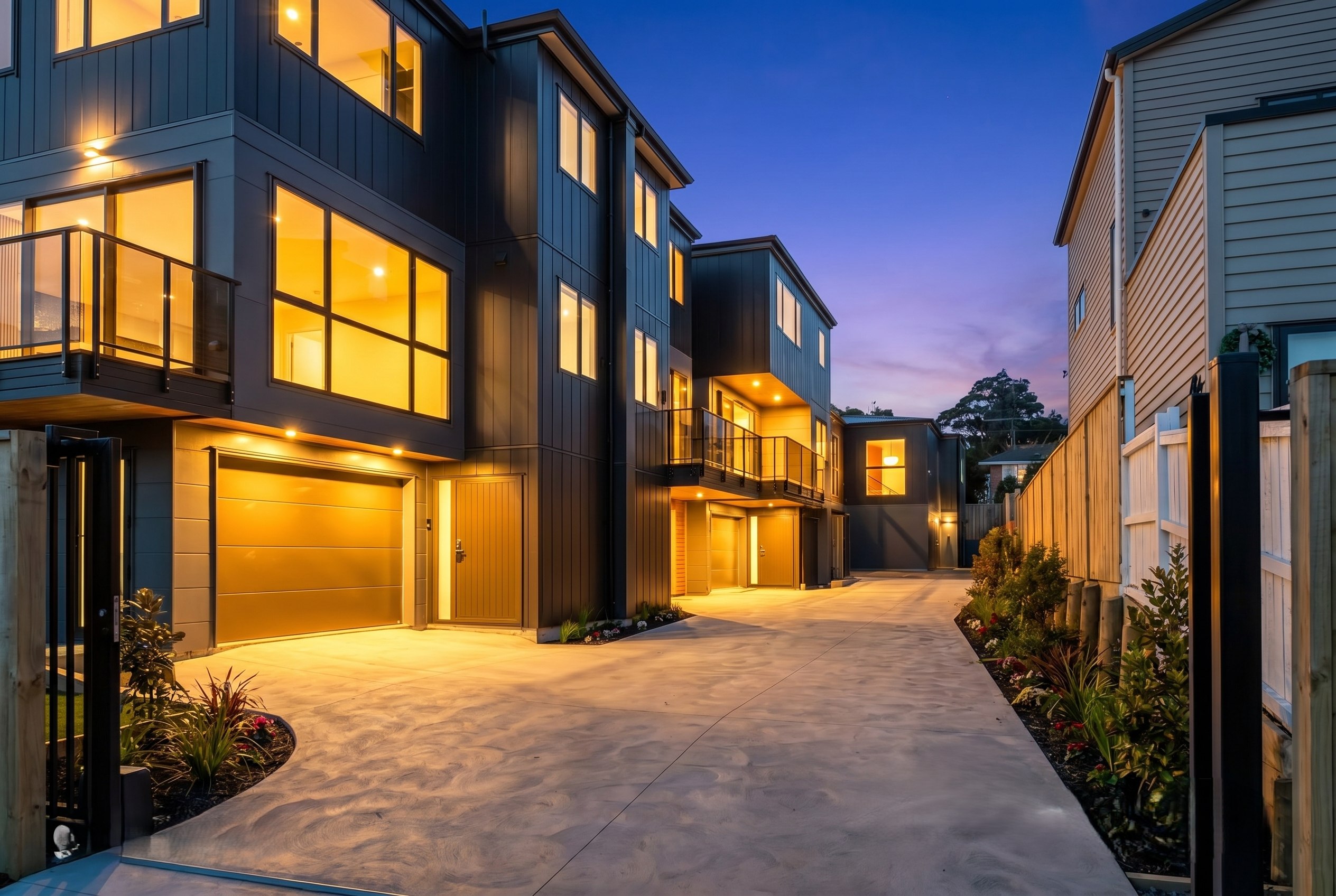 Contemporary townhouse development at dusk