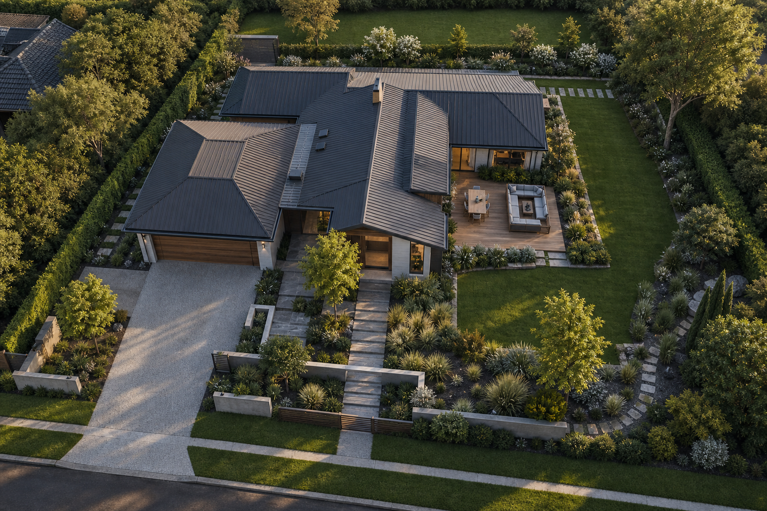 Aerial view of a standalone house landscape plan